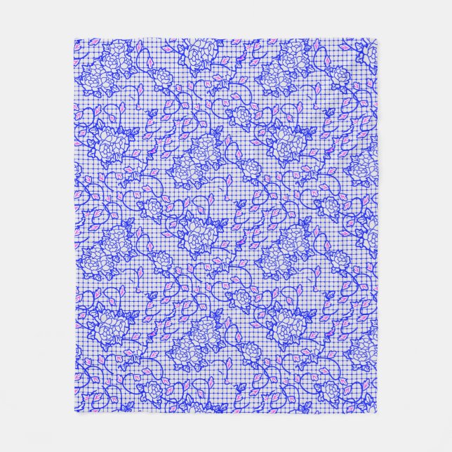 Manta Polar Red azul luminosa con flores 02b Offwhite BG (Anverso)