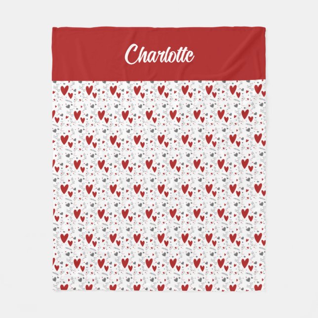 Manta Polar Red Black Doodle Hearts Retro Monogram Name (Anverso)