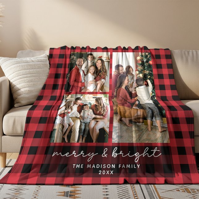 Manta Polar Red Buffalo Plaid Merry & Bright Christmas Photo (Subido por el creador)