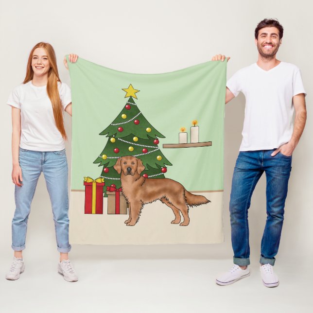 Manta Polar Red Golden Retriever with Green Christmas Tree (In situ)