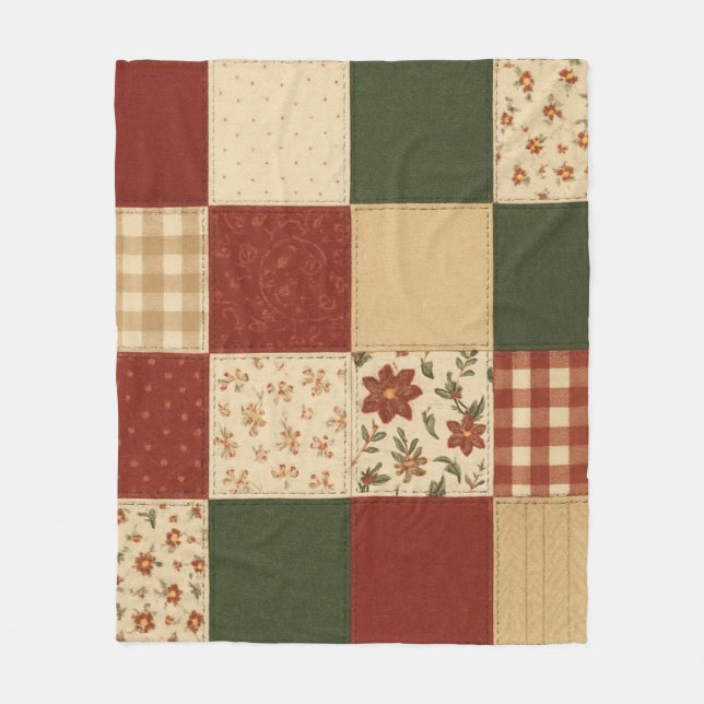 Manta Polar Red Green Patchwork Quilt Rustic Farmhouse Floral (Anverso)