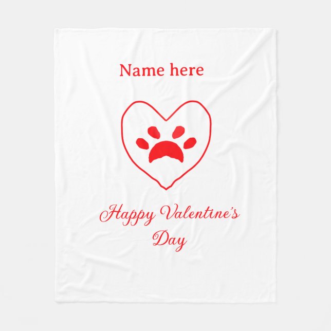 Manta Polar Red heart dog cat paw happy Valentine's day name  (Anverso)