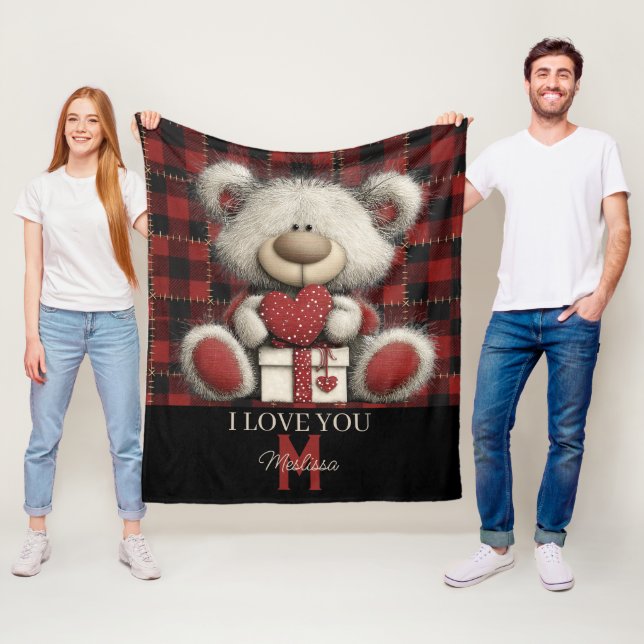 Manta Polar Red Plaid Bear I Love You Custom Name Monogram (In situ)