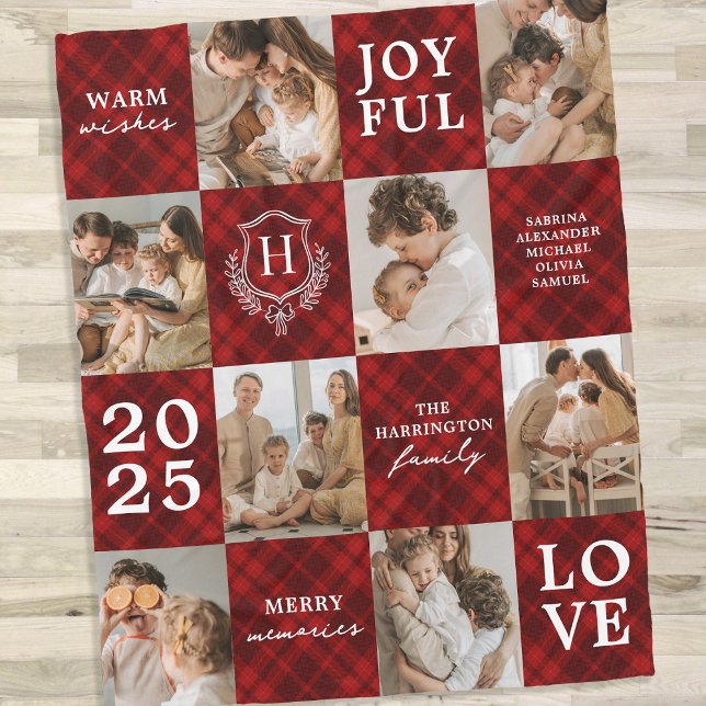 Manta Polar Red Plaid Family Monogram Photo Collage Christmas (Subido por el creador)