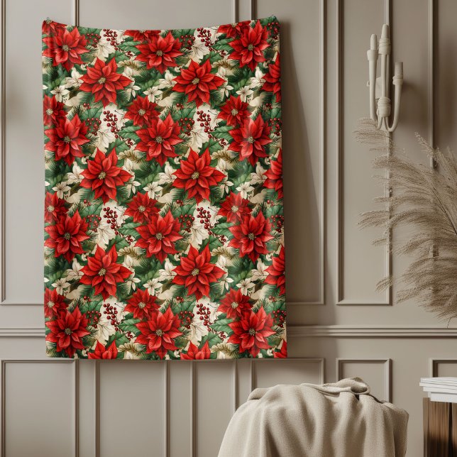 Manta Polar Red Poinsettia Blanket Classic Christmas Home Chic (Red Poinsettia Blanket Classic Christmas Home Touch)