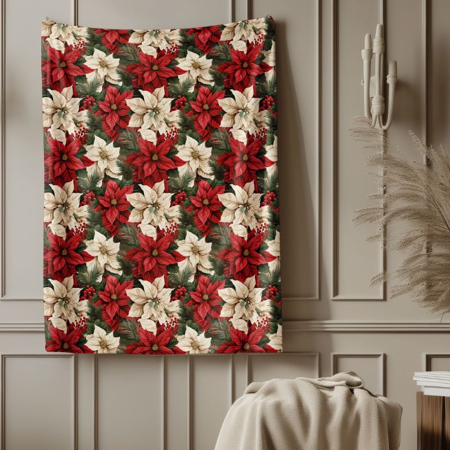 Manta Polar Red Poinsettia Blanket Classic Christmas Home Chic (Red Poinsettia Blanket Classic Christmas Home Touch)