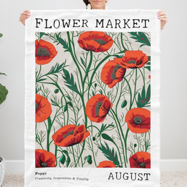 Manta Polar Red Poppy Agosto Nacimiento Flower Mercado Floral  (Personalized August Birth Flower Market Print Fleece Blanket, Customizable Red Poppy Floral Blanket)