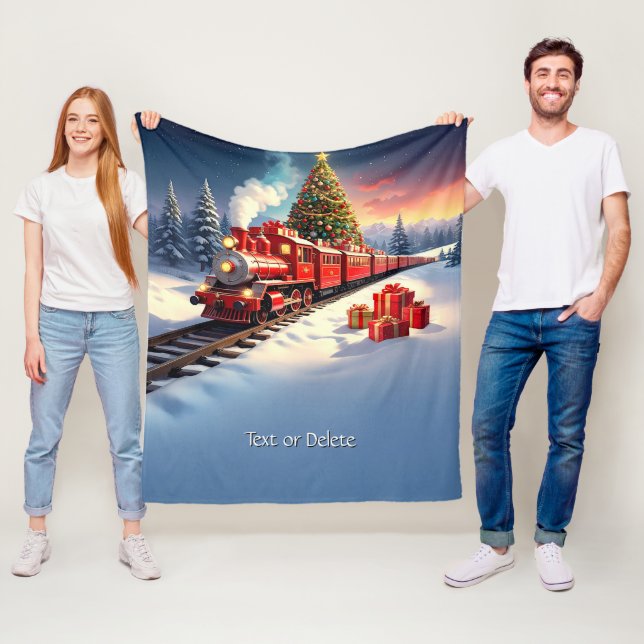 Manta Polar Red Train Christmas Tree Fleece Blanket (In situ)