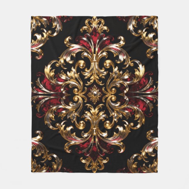 Manta Polar Regal Noir Pattern | Gold Scrollwork & Crimson (Anverso)