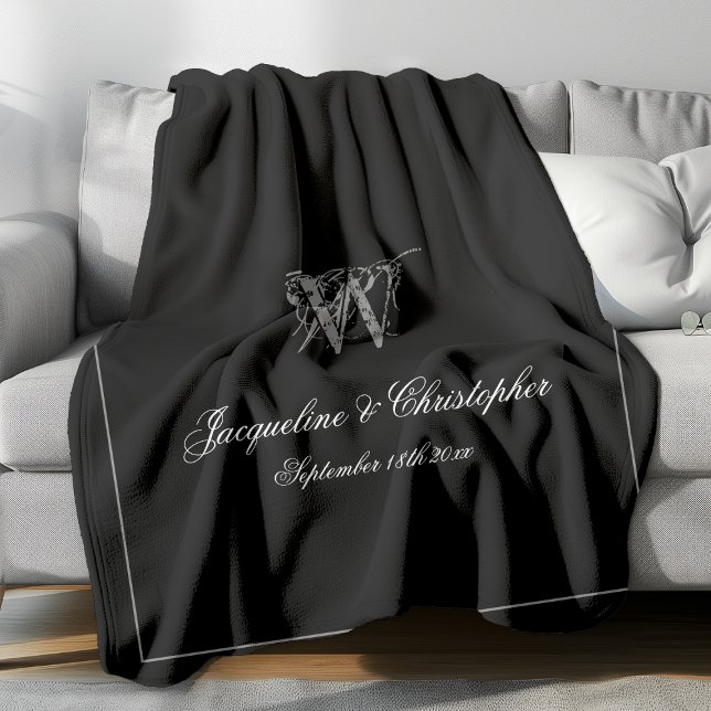 Manta Polar Regalo boda Pareja recién casada Keepsake Monogram (Elegant gray monogram with white font names and gray border against black background fleece blanket.)