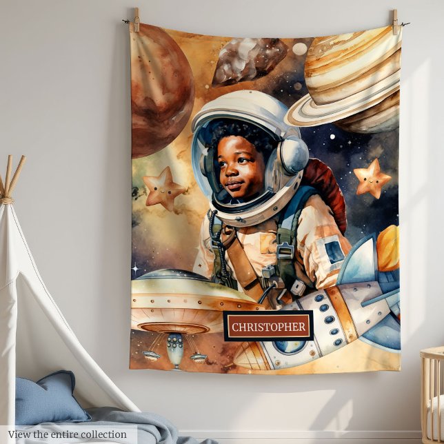 Manta Polar Regalo de espacio acuático para astronauta Black B (Black Boy Astronaut Blanket Watercolor Space Gift)