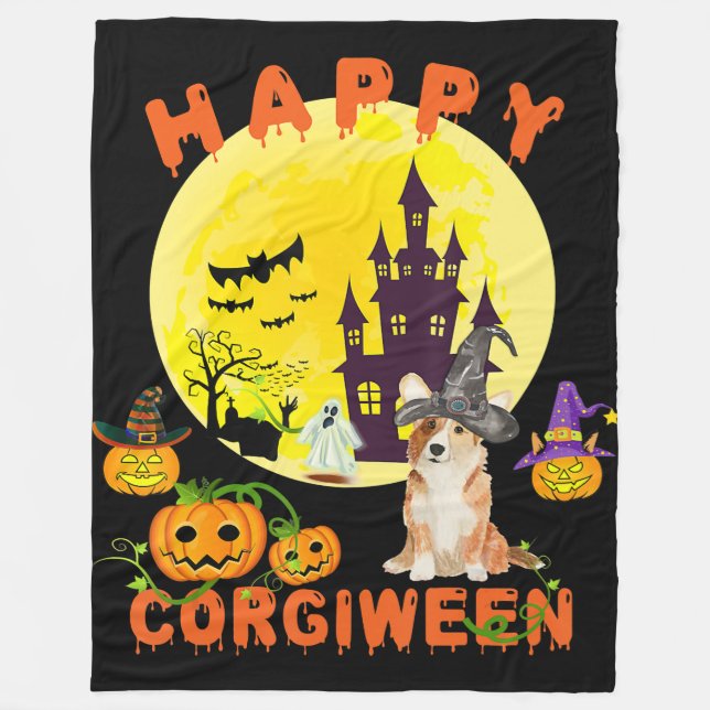 Manta Polar Regalo de perro | Happy Corgiween Halloween Corgi (Anverso)