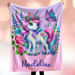 Manta Polar Regalo de Unicornio Personalizado Nombre Rosa Púrp