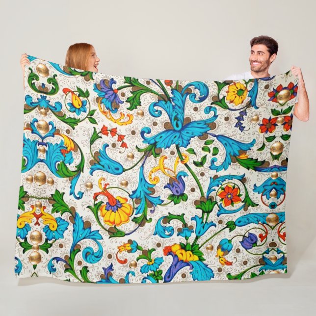 MANTA POLAR RENAIMIENTO FLORENTINO AZUL FLORAL REMOLINOS, FLOR (In situ)