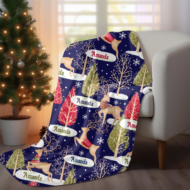 Manta Polar Reno lindo árboles de Navidad monograma azul (Subido por el creador)