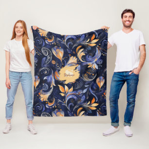 Manta Polar Resumen azul y oro de hojas de Paisley
