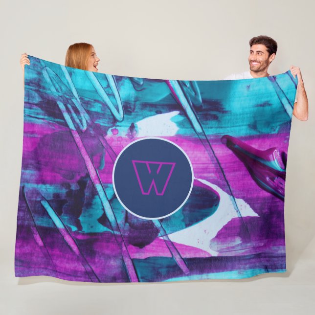 Manta Polar Resumen moderno Pincel rosa azul Strokes Monograma (In situ)