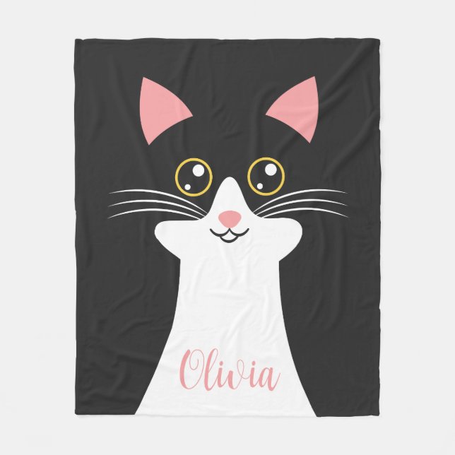 Manta Polar Retrato de gato negro de Cute Mid Century (Anverso)