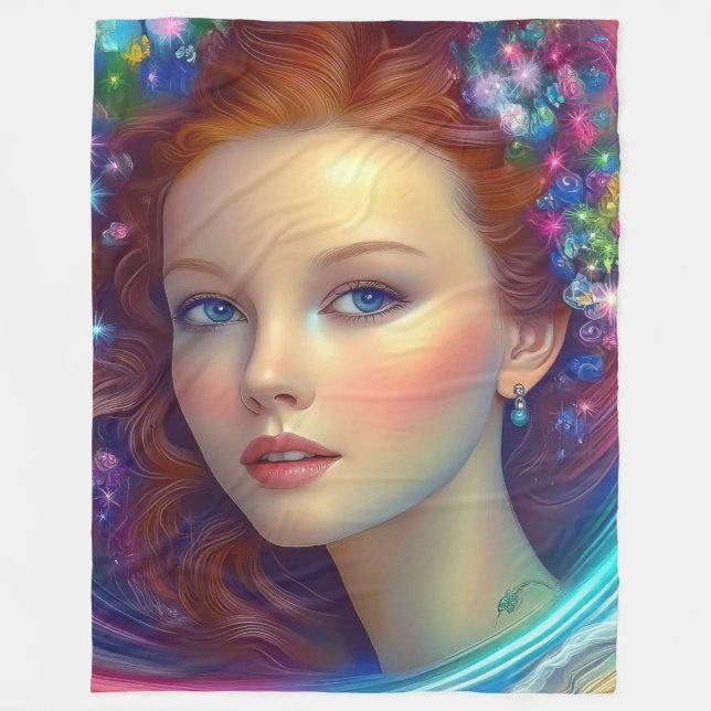 Manta Polar Retrato de pelo arcoiris encantado (Anverso)