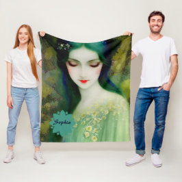 Manta Polar Retrato elegante de mujer fantastica en verde y az