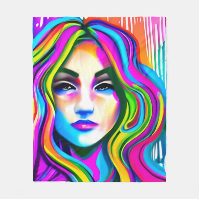Manta Polar Retrato retro de una mujer con cabello arcoíris (Anverso)