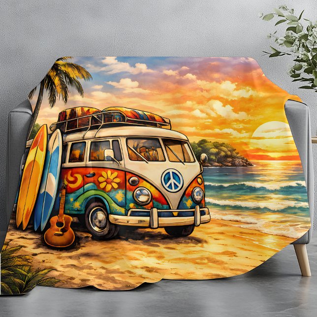 Manta Polar Retro 60s Hippie Beach Bus Sunset | Surf Van Life (Subido por el creador)