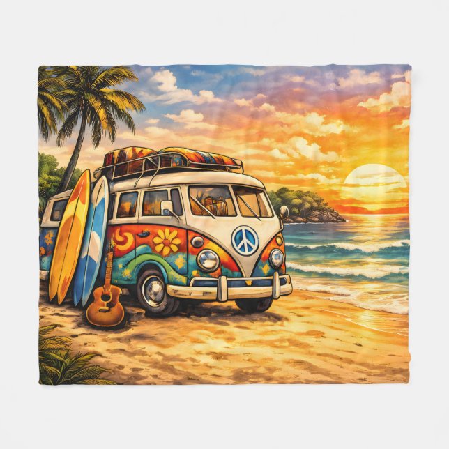 Manta Polar Retro 60s Hippie Beach Bus Sunset | Surf Van Life (Frente (Horizontal))
