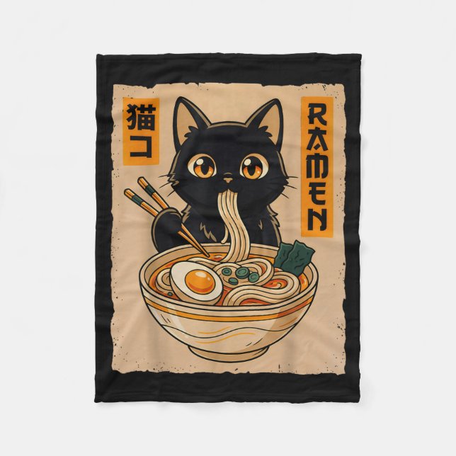 Manta Polar Retro Anime Kawaii Black Cat Eating Ramen Noodles  (Anverso)