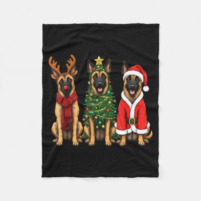Manta Polar Retro Christmas Belgian Malinois Santa Reindeer Do (Anverso)
