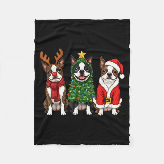 Manta Polar Retro Christmas Boston Terrier Santa Reindeer Dog  (Anverso)