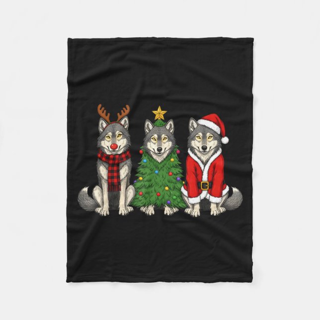 Manta Polar Retro Christmas Wolf Santa Reindeer  (Anverso)