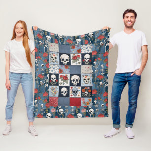 Manta Polar Retro Denim Patchwork con Rosas Skulls Skeletts