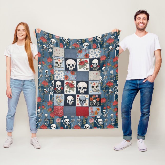 Manta Polar Retro Denim Patchwork con Rosas Skulls Skeletts (In situ)