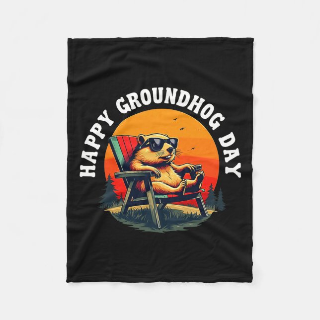 Manta Polar Retro Happy Groundhog Day Funny Ground Hog Sunset  (Anverso)