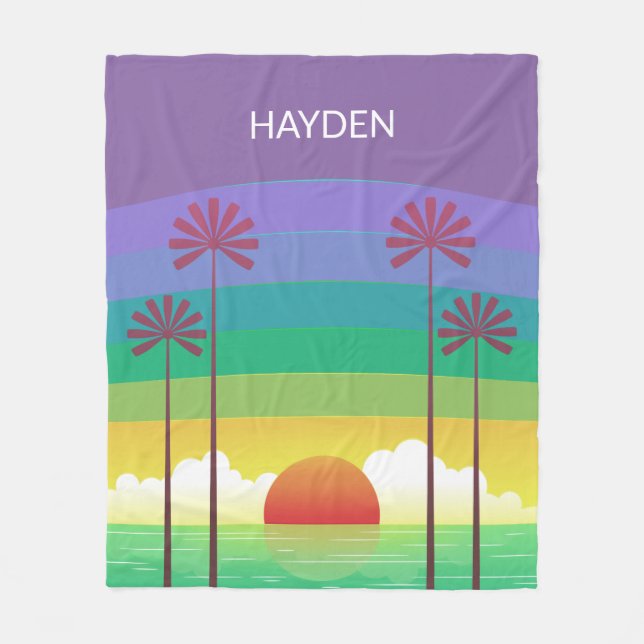 Manta Polar Retro Purple Sunset Palm Trees Art Personalised (Anverso)
