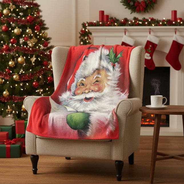 Manta Polar Retro Santa Vieja revisando su lista (Vintage Retro Santa Checking His List Fleece Blanket)