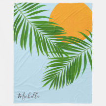 Retro Sol Tropical Hojas de Palma Azul Nombre Míni