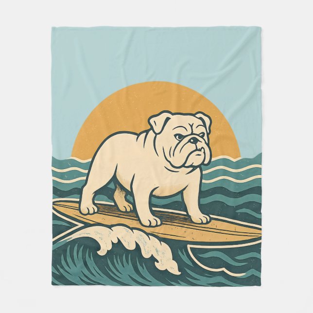 Manta Polar Retro Surfer Dog Blue Coastal Surfing Bulldog Art (Anverso)