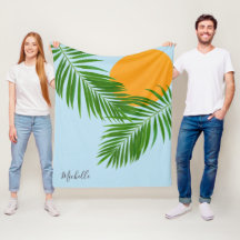 Retro Tropical Sol Palmeras Hojas Azul Nombre Míni