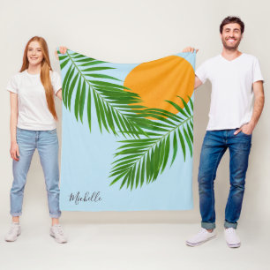 Manta Polar Retro Tropical Sol Palmeras Hojas Azul Nombre Míni