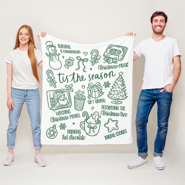 Manta Polar Retro Whimsical Festive Green Christmas Doodles (In situ)