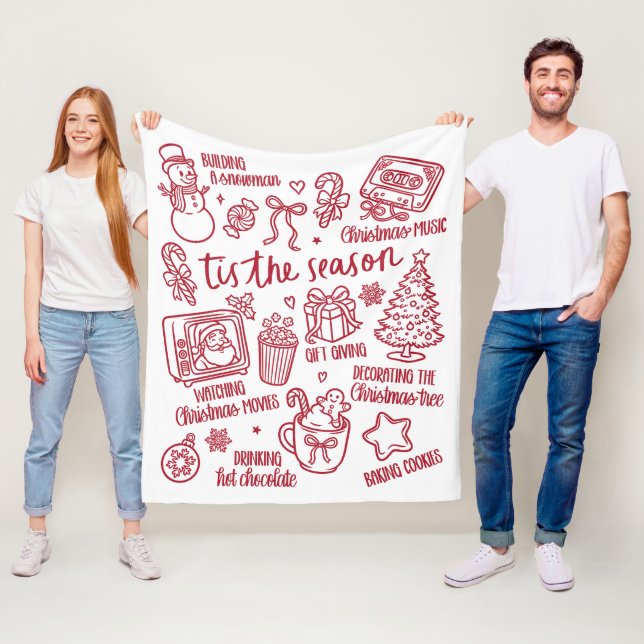 Manta Polar Retro Whimsical Festive Red Christmas Doodles (In situ)