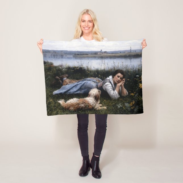 Manta Polar Reverie (Chica que yace en la hierba con su perro) (In situ)