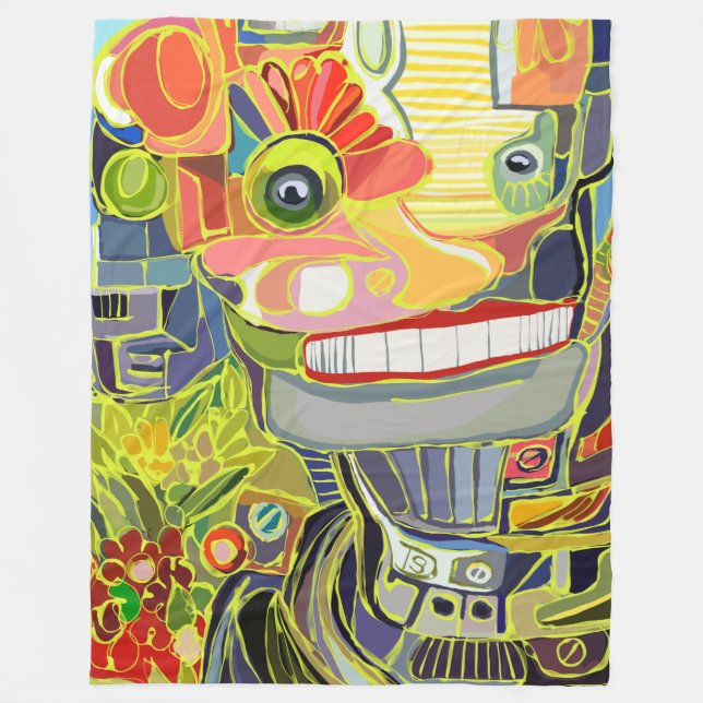 Manta Polar Robot Sonriente Feliz con Flores (Anverso)