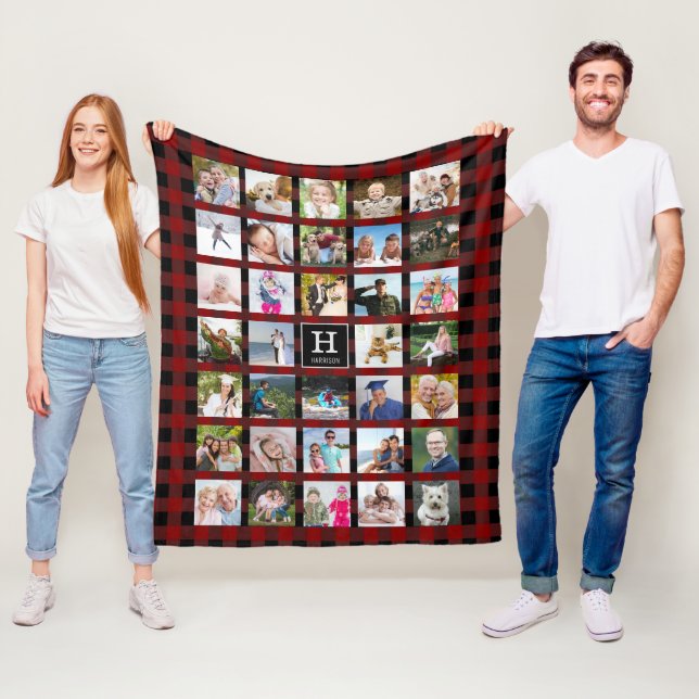 Manta Polar Rojo de Collage de fotos monograma de búfalo rústi (In situ)