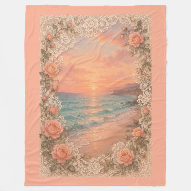 Manta Polar Romantic Coastal Sunset: Peach Roses & Vintage  (Anverso)