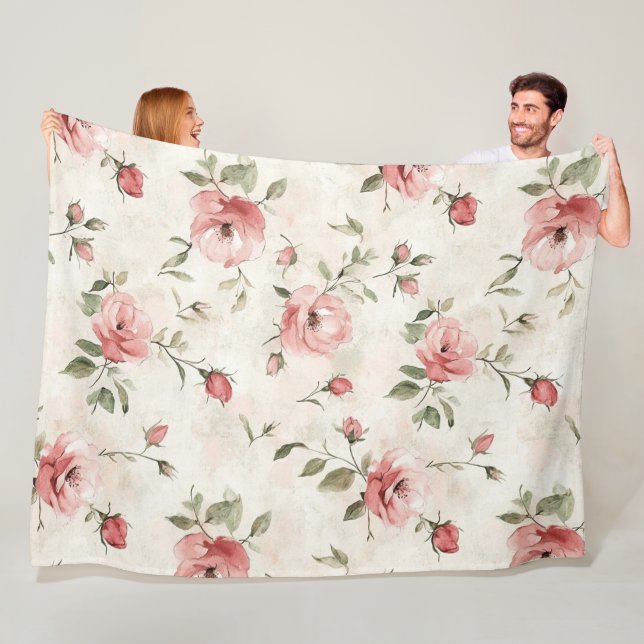 Manta Polar Romantic Cream Pink Roses Floral  (In situ)