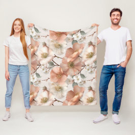 Manta Polar Romántico patrón floral blanco de flor de melocotó