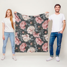 Manta Polar Romántico Polvo Rosa Peonía Gris Patrón Floral