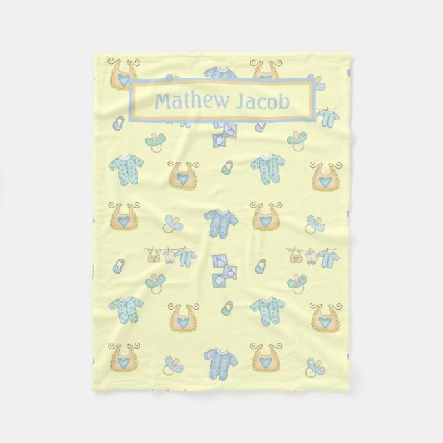 Manta Polar Ropa de bebé azul y amarillo Binkies Pins Blocks (Anverso)